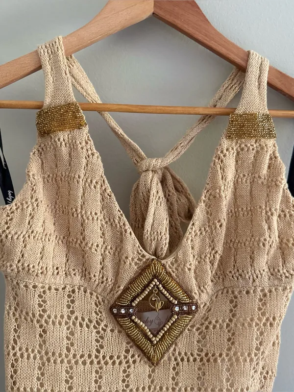 Y2K Baby Phat Vintage Crochet Knit Beaded Halter Top Women’s Large - Image 4