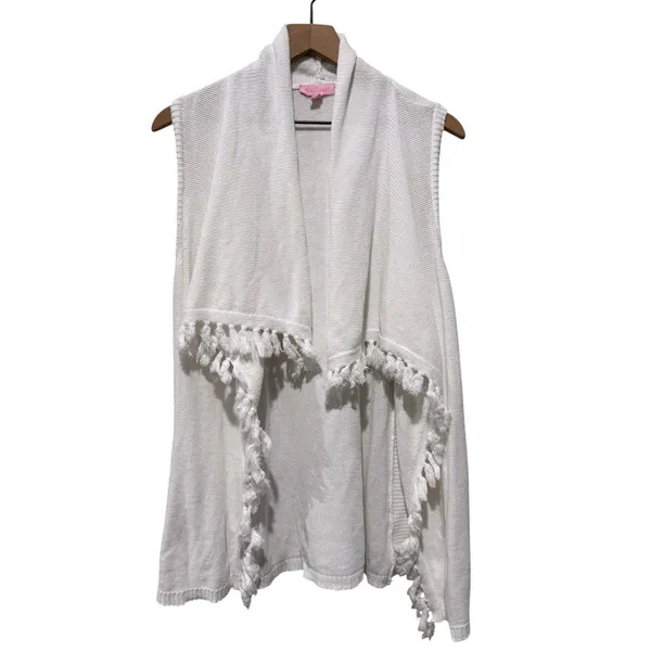 Lilly Pulitzer Sleeveless‎ Cardigan Vest Sz S White Fringe Cotton Resort Beach - Image 2