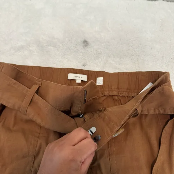 Vince Belted Linen Blend Utility Capri Pants Womens Sz L Brown Cuffed High Rise - Image 6