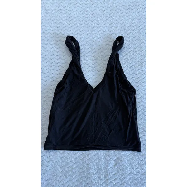 Aerie Smoothez Black V-Neck Twisted Strap Cropped Tank Top Small 4441 - Image 2