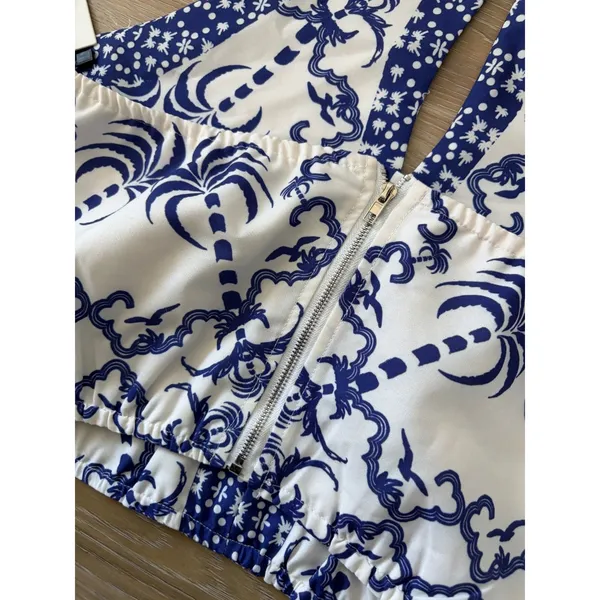 NWT COMMENSE Blue White Printed Palm Tropical Halter Crop Top Womens Large - Image 6