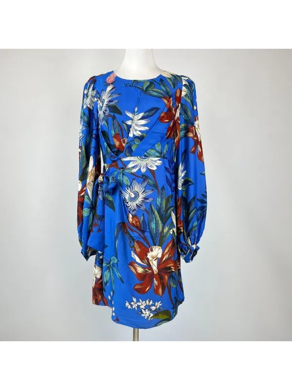 NWOT Farm Rio Blue Surreal Flowers Wrap Long Sleeve Mini Dress Size S - Image 2