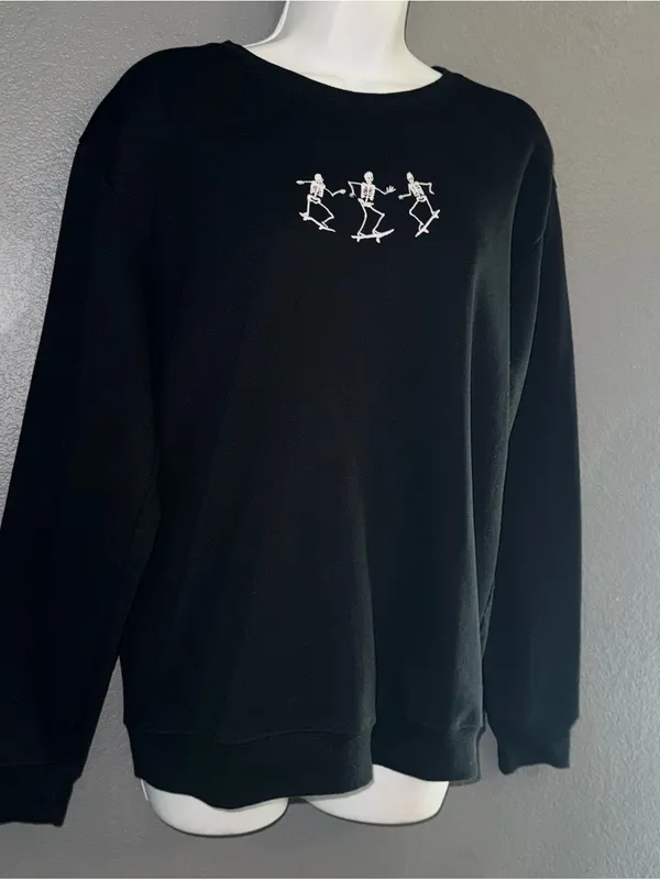 Women’s Halloween Skateboarding Skeletons Black Sweatshirt Small - Medium - Image 2
