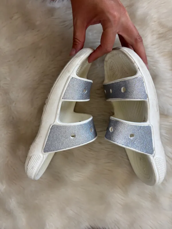 Iconic CROCS Comfort Silver Sparkle Glitter and White Sandals - Image 4