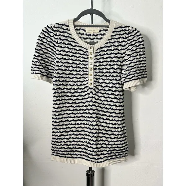 Sezane Mae Jumper Ecru Ocre Organic Cotton Chevron Pointelle Knit Henley Top M - Image 2
