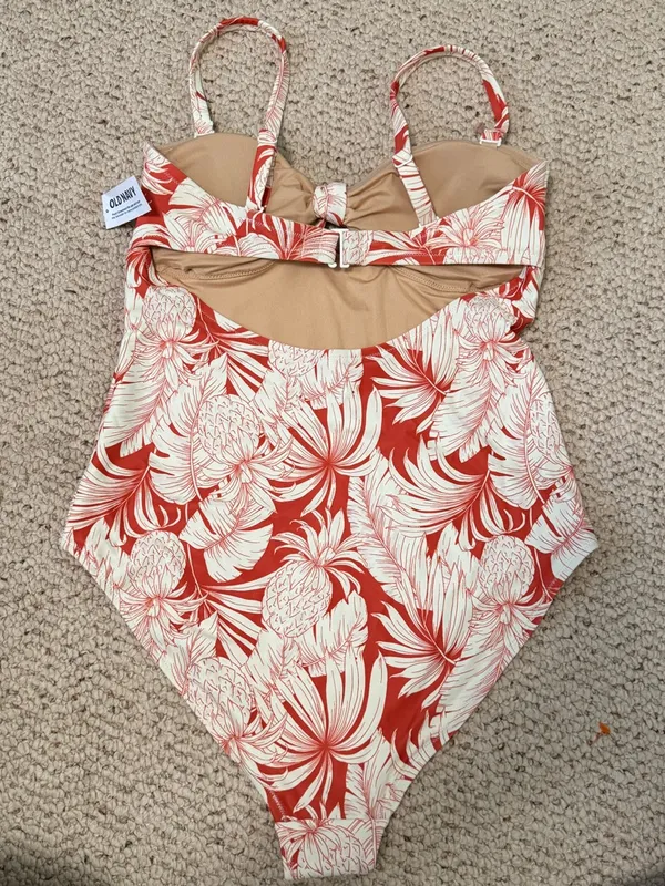 NWT Old Navy Tropical One Piece Swimsuit Medium Orange White Palm Print Resort - Image 3