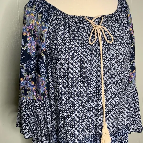Altar’d State Blue/White/Lavender Boho Bell Sleeve Mini Dress Tunic S - Image 6