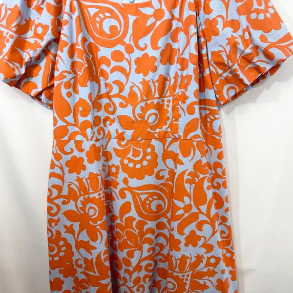 Talbots Size‎ 10 Midi Dress Puff Sleeve Poplin Floral Orange Blue Fit Flare 1526 - Image 7
