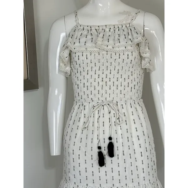 Lost + Wander Womens Size S White Boho Smocked Mini Dress Spaghetti Strap Tassel - Image 3