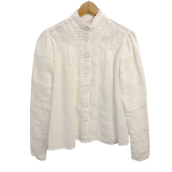 The Shirt Rochelle Behrens Priya Shirt XS White Linen Top Victorian Prairie Lace - Image 3