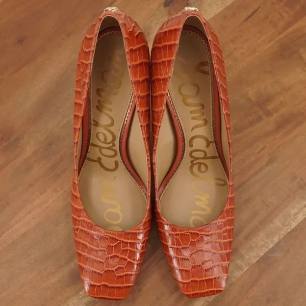 Sam Edelman Beth Cinnamon Croc Embossed Leather Square Toe Stiletto Heels 8 - Image 11