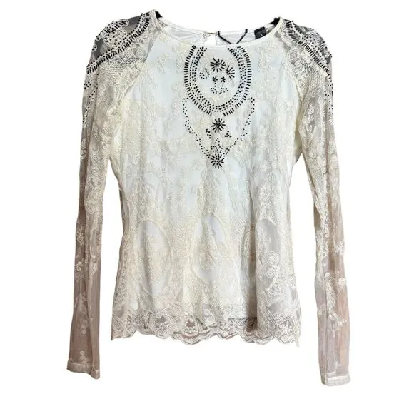 BKE Buckle Top Womens Small Ivory Lace Boho Artsy Stretch Embroidered Blouse - Image 2