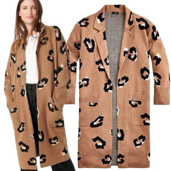 J. Crew Ella Leopard Open-Front Long Sweater-Blazer Women's Medium Brown Wool - Image 2