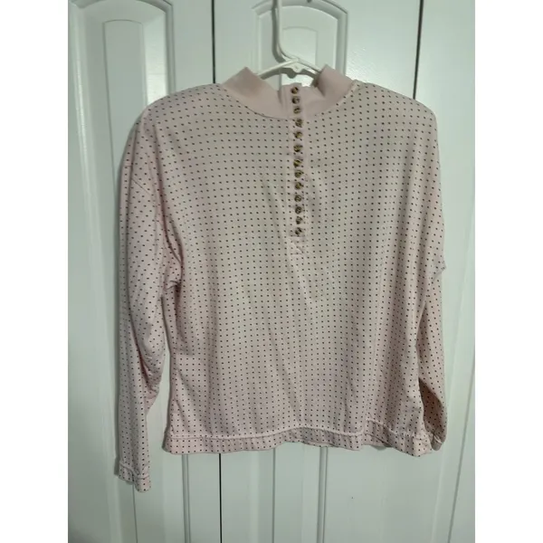 Eileen & Co Top Polka‎ Dot Pink Mock Neck Button Front Henley Small Preppy Retro - Image 2