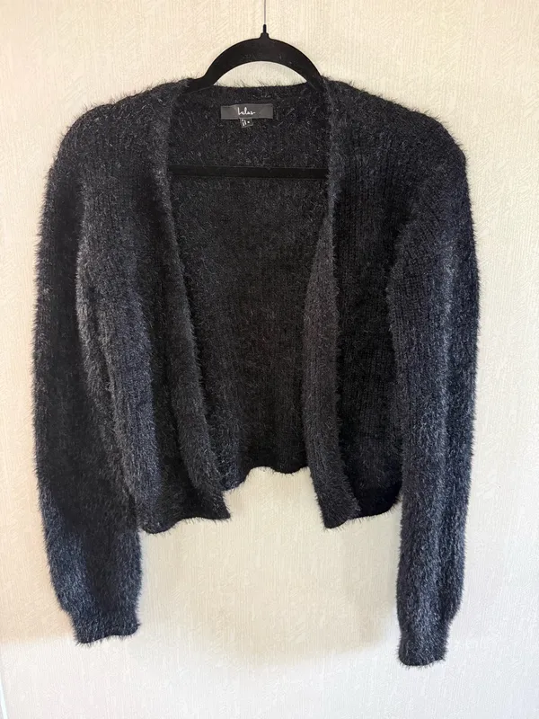 Lulus Black Fuzzy Eyelash Knit Cropped Open Front Cardigan Size Small - Image 4