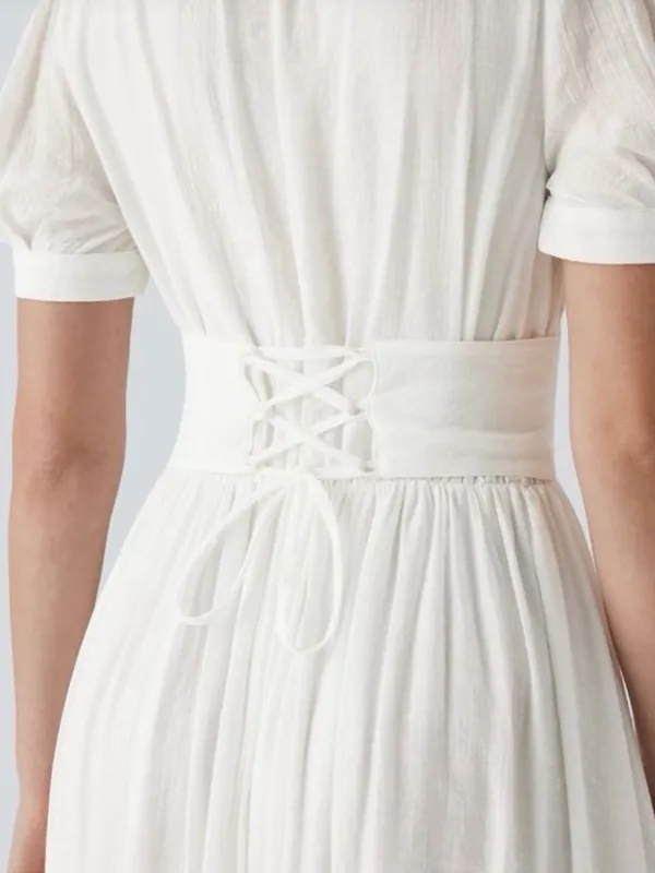 Halara White Square Neck Puff Sleeve Lace Up Cinch Waist Flowy Maxi Dress - Image 5