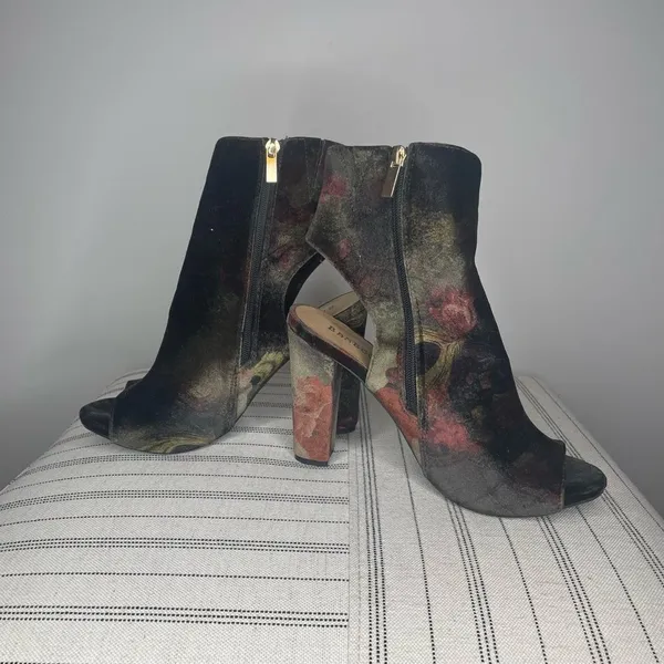 Baxboo- Black Velvet with Flower Pattern Peep Toe, Open Back Heels - Image 3