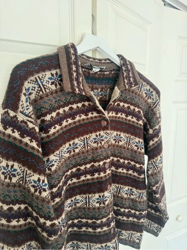 Vintage Kathy Ireland Brown Cream Fair Isle Chunky Cardigan Sweater Size Medium - Image 3