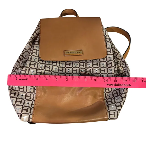 Tommy Hilfiger brown tan backpack logo purse drawstring closure good condition - Image 9