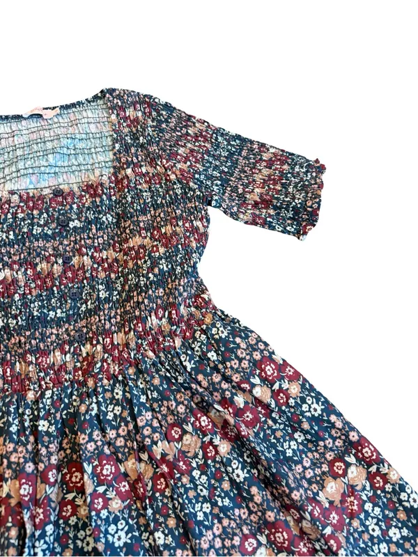 Ivy City Co Navy Burgundy Floral Smocked Midi Dress Boho Chic Day Medium Women's - Image 4