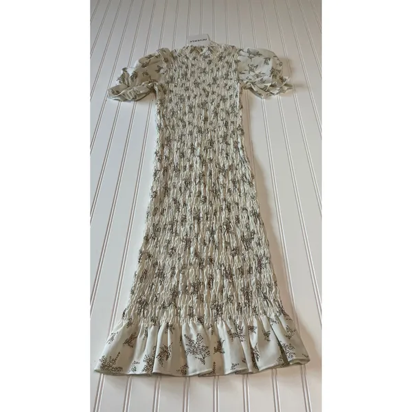 Reverse Floral Smocked Puff Sleeve Midi Dress Cream Brown Fall Medium NWT - Image 2