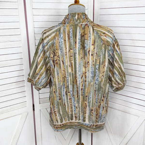 Chicos Shirred Cut Away Art To Wear Short Sleeve V Neck Jacket Tan Multi‎ Large - Image 4