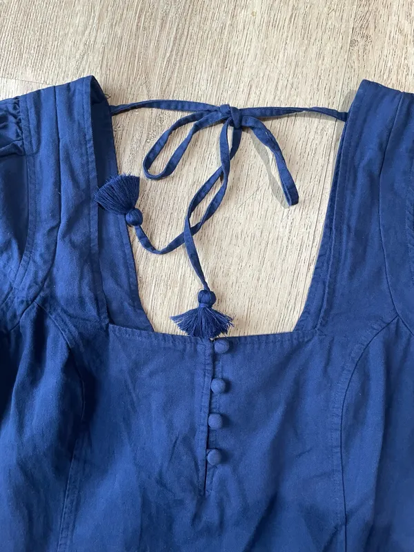 Free People Boho Navy Puff Sleeve Mini Dress Tassel Tie Embroidery Size Small - Image 4