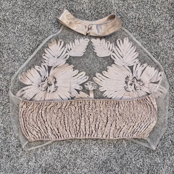 Floral Satin Ribbon & Mesh Embroidered 3D Sheer Sleeveless Tank Top Crop Top - Image 13