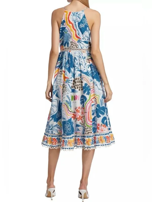 Farm Rio Cotton Floral Print Maxi Dress Eyelet Midi Fit Flare Dress Size XSmall - Image 2