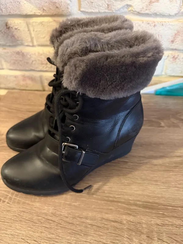 UGG Janney Waterproof Leather Wedge Lace-Up Ankle Boots, Black - Image 3