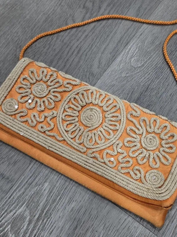 Vintage Kate Landry Orange Embroidered Clutch With Braided Strap & Floral Design - Image 4