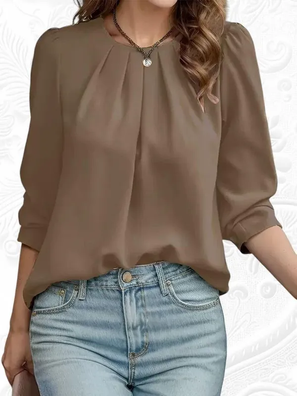 Women's Round Neck Puff Long Sleeve Blouse - Image 3