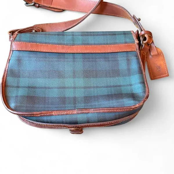 Vintage Polo Ralph Lauren Black Watch Plaid Leather Crossbody Saddle Bag - Image 2