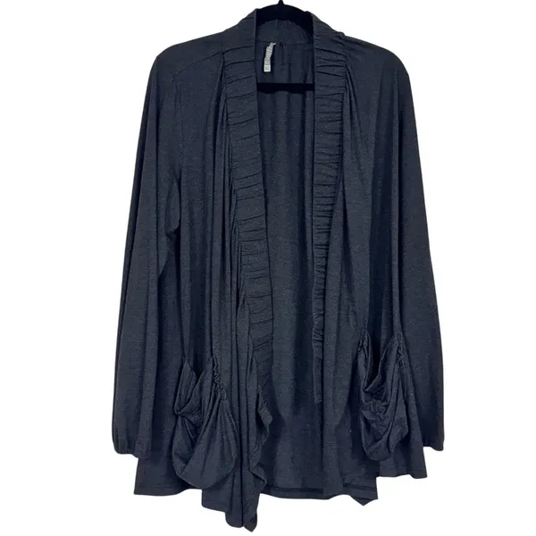 Nyah Grey Ruffed Open Front Cardigan Sweater Womens XL Lagenlook Artsy Whimsical - Image 2
