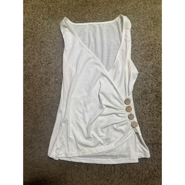 Shein Women White Sleeveless Surplice V-Neck Side Button Ruched Wrap Top Small‎ - Image 2