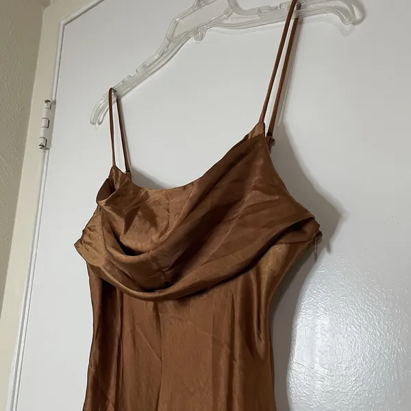 NEW! Selfie Leslie Well Versed Pleated Bust Front Split Slip Dress Chocolate MED - Image 5