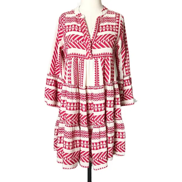 Devotion Twins Ella Red White Embroidered Jacquard Tiered Mini Dress XS - Image 2