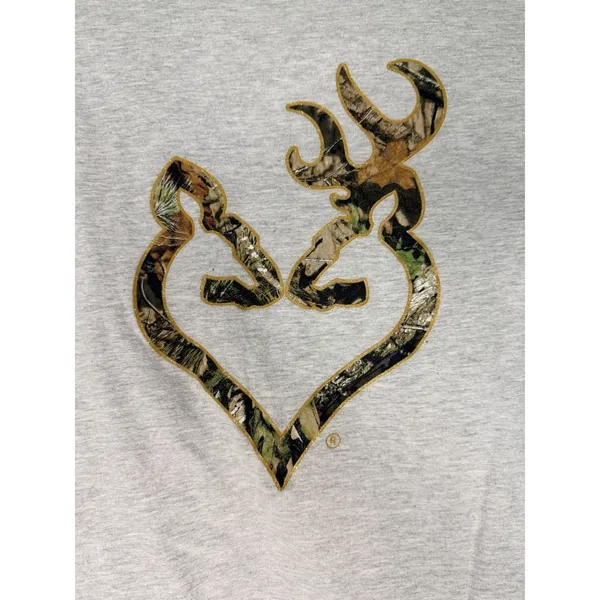 Browning Women's Size Large Heather Gray Mossy Oak Buck Heart SS Tee Glitter - Image 5