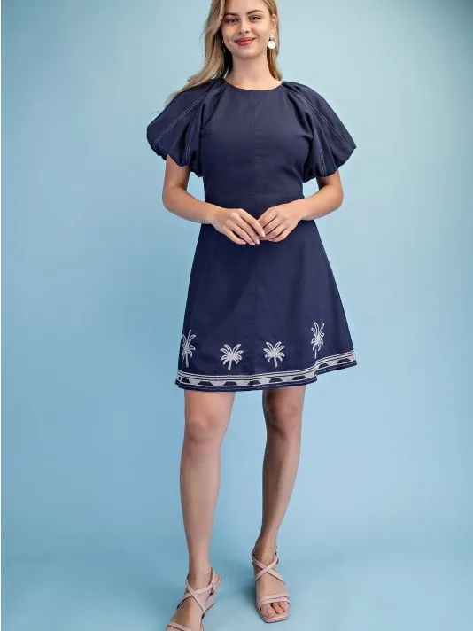 GIGIO Palm Tree Embroidered Linen Mini Dress Bubble Sleeve Medium - Image 3