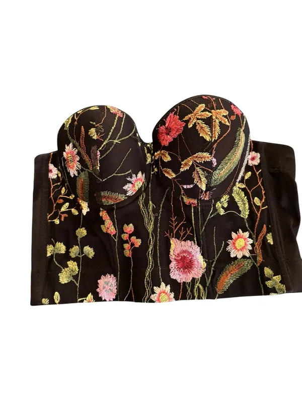 Floral Embroidered Bustier Size S Black/ Pink Green Back Hooks Padded Cups SEXY - Image 2