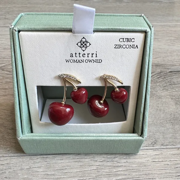 Atterri Red Cherry Cubic Zirconia Gold‎ Tone Drop Earrings NIB Woman Owned - Image 2