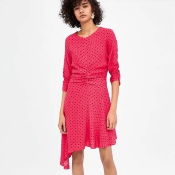 Zara Hot Pink Ruched Polka Dot Dress Fuchsia Black NWOT Small - Image 4