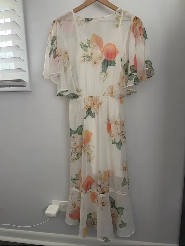 Farm Rio Small Elosia Floral Dress White Ivory Summer Sheer Boho Bridal Swing - Image 4