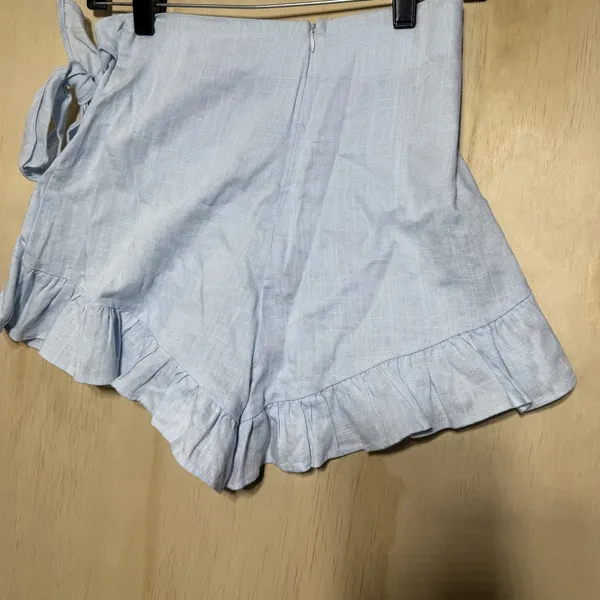 Princess Polly Herring Shorts US 4 Blue Wrap Ruffle Tie Waist Linen‎ Blend - Image 4