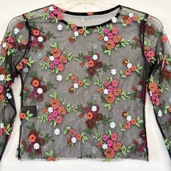 Kimchi Blue Womens Black Sheer Floral Embroidered Long Sleeve‎ Blouse Top Small - Image 4