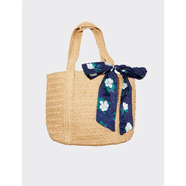 Draper James Straw Bag Woven Tote With Floral Scarf Natural Navy NWT - Image 3