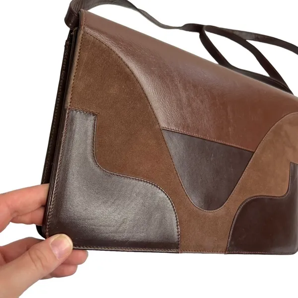 Brown Faux Leather & Suede Patchwork Front Shoulder Purse Bag - Image 2