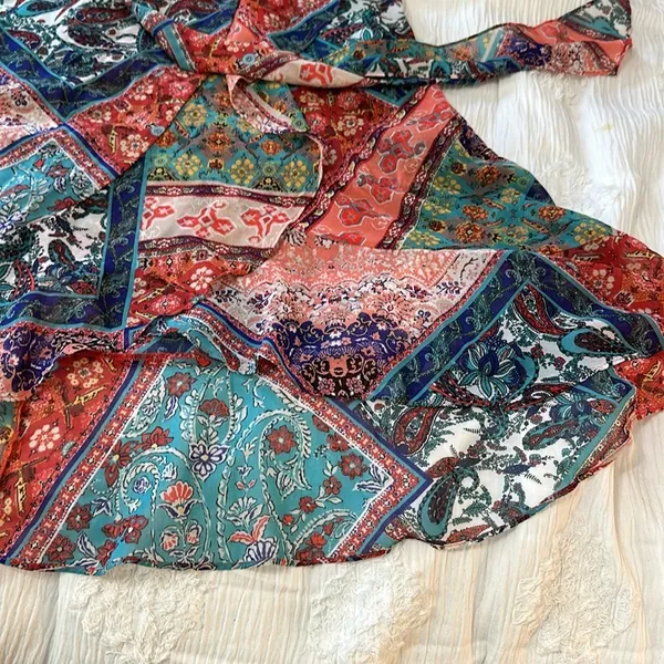 One World Woven Chiffon Ruffle Mixed Patchwork Knit Lined Midi Dress Women's XL - Image 5