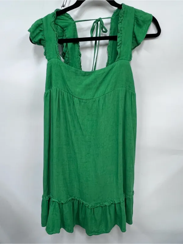 Linen blend Green Ruffled Sun mini Dress size L - Image 7