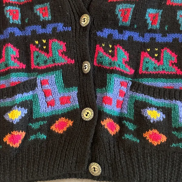 Vintage L.L. Bean Colorful Geometric Knit Cardigan Sz L - Image 2